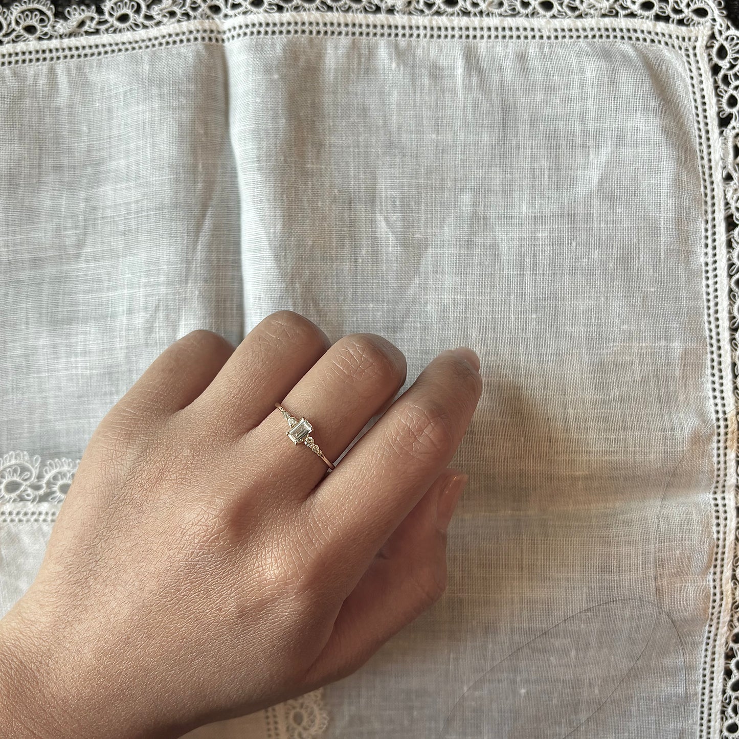 DAINTY EMERALD CUT 14K GOLD RING